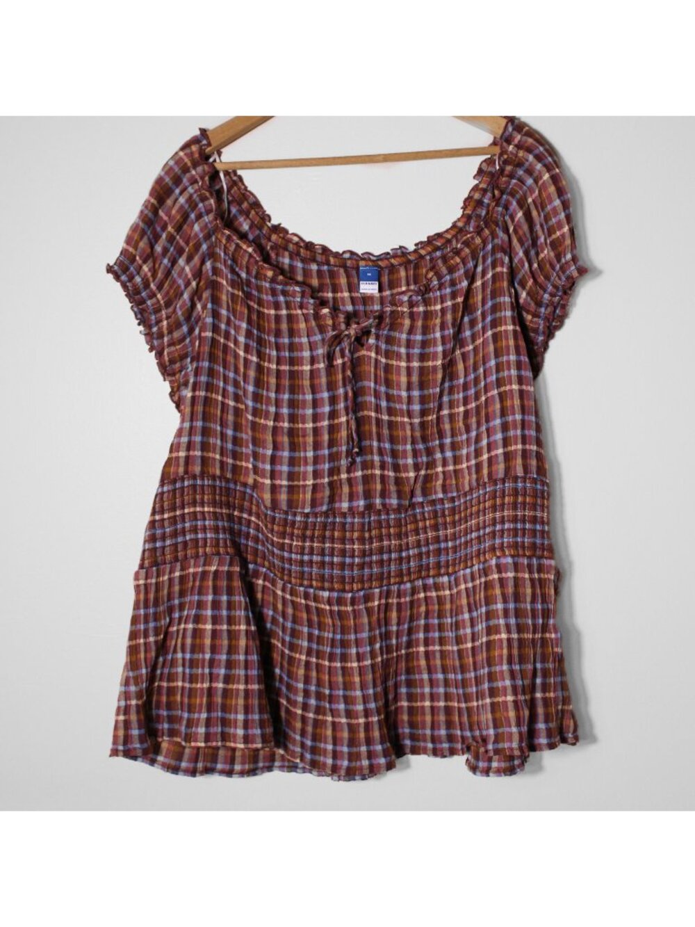 Old Navy Plaid Smocked Peasant Milkmaid Cottagecore Coquette Top Brown 3X
